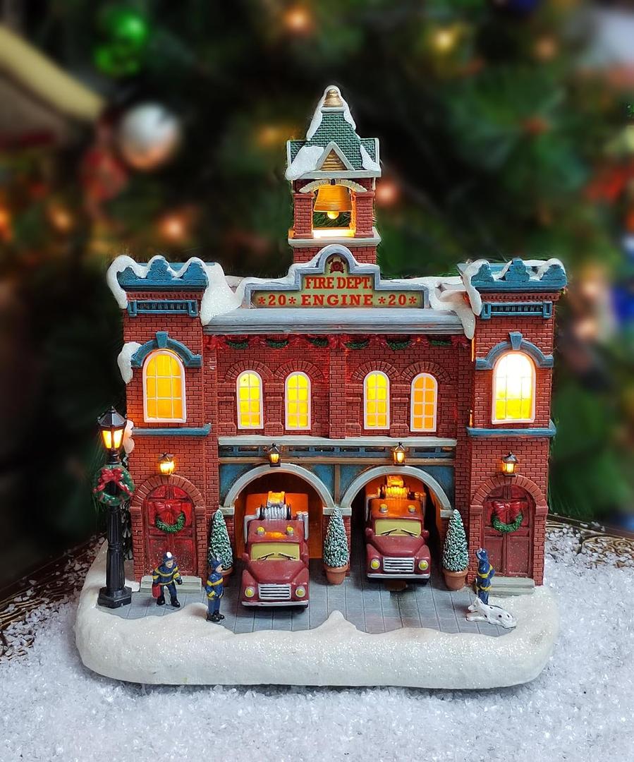 MOMENTS IN TIME Vintage Fire Department Christmas Village 12.2 LED Lights, Music & Moving Fire Trucks, Polyresin Lighted Holiday Building, Adapter Operated Holiday Decoration