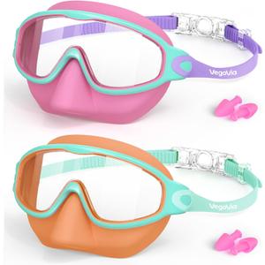 VegoVia 2 Pack Kids Swim Goggles with Nose Cover, Anti-Fog UV Protection Swimming Goggles for Kids Youth 3-15 (Pink & Orange)