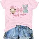 Easter Shirts for Women Happy Easter Tshirt Cute Bunny Rabbit Bow Graphic Tee Casual Short Sleeve Easter Gift Tops, XL, Pink