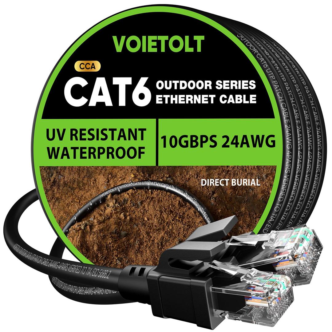 VOIETOLT Cat 6 Outdoor Ethernet Cable 100 ft, 24AWG 10Gbps Cat6 Cable Cord Waterproof Direct Burial LLDPE UV Jacket, Internet Network Cable with 20 Ties Support POE Cat6 Cat5e Cat5, CCA, UTP for PC