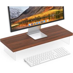 SSWOOD Monitor Stand Riser, Wood & Acrylic Computer Monitor Stand Desk Desktop Organizer Table For Home, Office Workspace, Laptop Riser, Printer, PC & TV Screen Riser (25*10 Inch, Red Walnut)