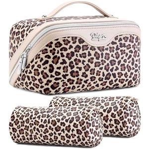 BOYATU Travel Makeup Bag for Women: 3-in-1 Modular Leopard Print Cosmetic Case Set for 3-15 Day Trips - Waterproof Vegan Leather Toiletry Bag - Perfect for Party/Festival/Night Out - Gift Box - Beige
