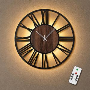 Large Lighted Wood Wall Clock Remote Control, Roman Numeral Modern Decorative Clock with Silent Movement, Battery Operated Clocks for Living Room Decor, 20inch-50cm