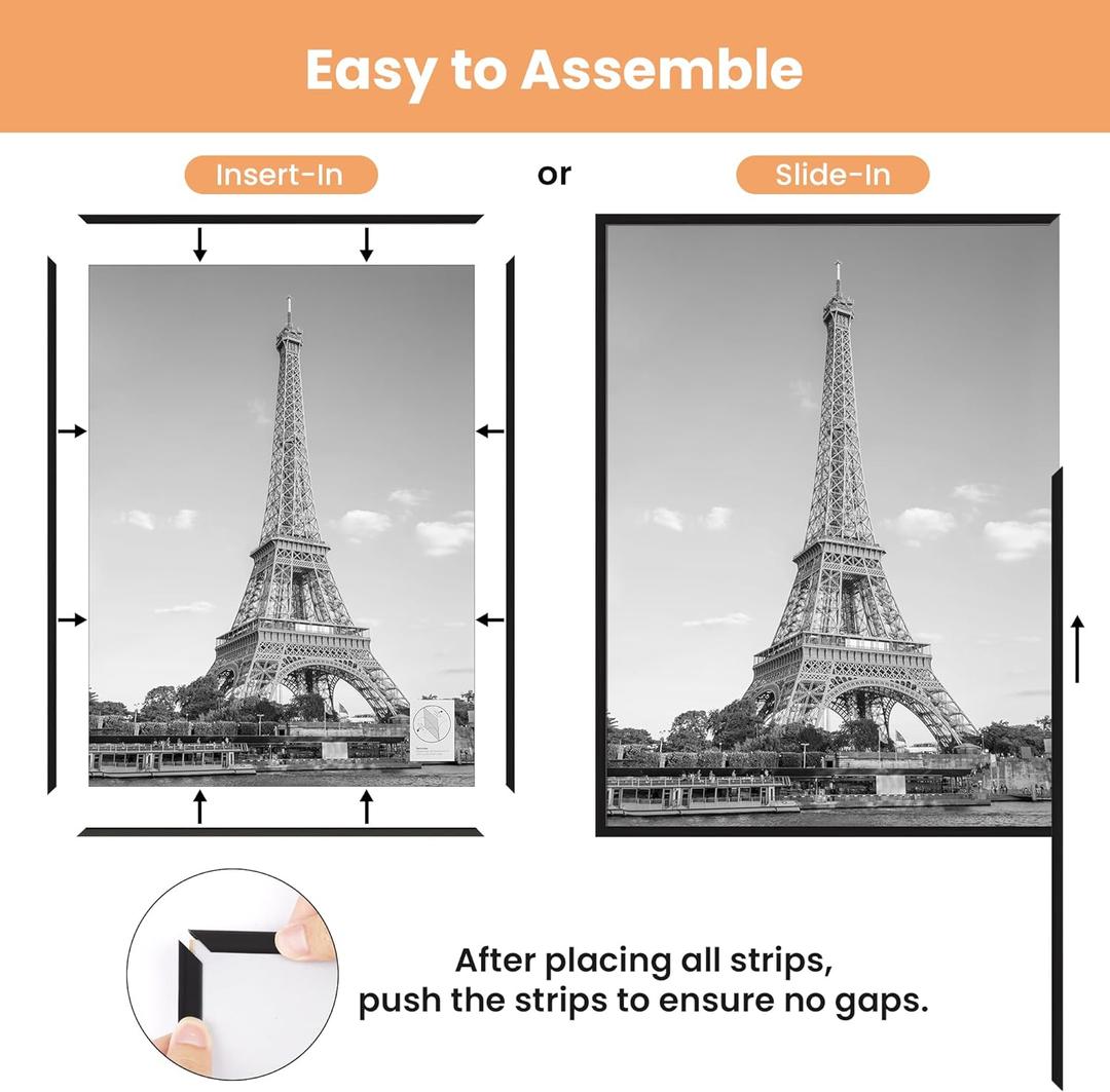 upsimples 16x24 Picture Frame Black 2 Pack, Scratch-Proof Poster Frames 16 x 24 for Photo Gallery - Slide-In Strips, Horizontal or Vertical Wall Mounting