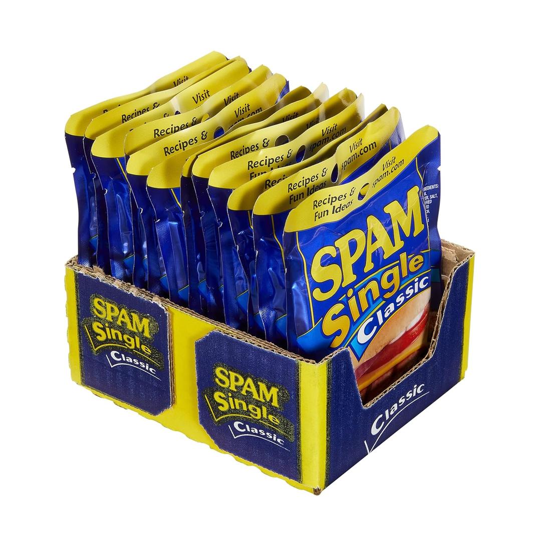 SPAM Classic Single Pouch, 2.5 Ounce (12 Pack), Fully Cooked Pork and Ham, 9g of Protein, 0g Trans Fat, Low Carb, Keto-Friendly, Gluten Free, Easy Open Pouch, Perfect for Sandwiches & Breakfast, Best By: APR 2028