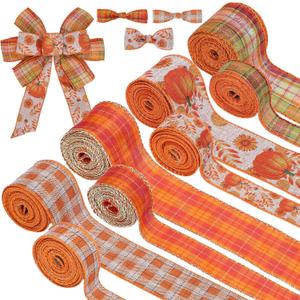 Whaline 8 Rolls 40 Yards Fall Thanksgiving Ribbons 2 & 1 Inch Orange Plaids Pumpkin Leaves Wired Edge Ribbon Rustic Autumn Harvest Craft Ribbon for Wreath Bow DIY Crafts Wrapping