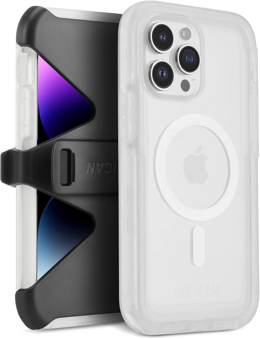 Pelican Voyager Series - iPhone 14 Pro Max Case 6.7" [Compatible with MagSafe] [Anti-Yellow] Magnetic Charging Phone Case With Belt Clip Holster Kickstand [18ft Military Grade Drop Protection] - Clear