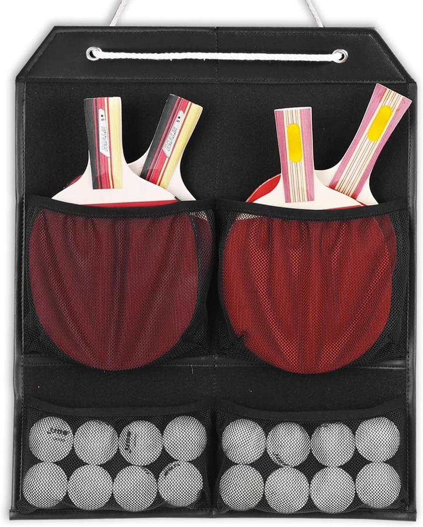 VISEMAN Ping Pong Storage Rack, Table Tennis Racket Holder Wall Mount Organizer for 4 Paddles and Balls (Short Black)