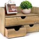 Besti Wooden Office Desk Organizer - Organizing Tool for Desktop, Cubicle, Bedroom, Kitchen - Vintage Style Organization Caddy with Top Tray Shelf & 3 Drawers - 13.6x9x7 Inches (Rustic Burnt)