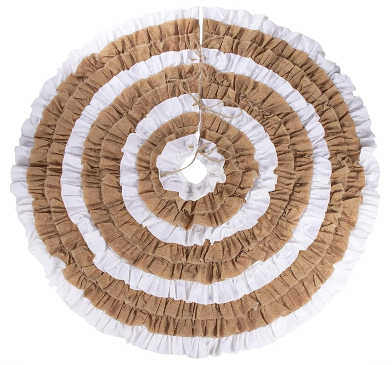 Christmas Tree Skirt - 48-Inch Ruffled Linen Skirt, Winter Holiday Decoration, White and Natural Brown Colors, Classic Style Indoor Festive Season Decor