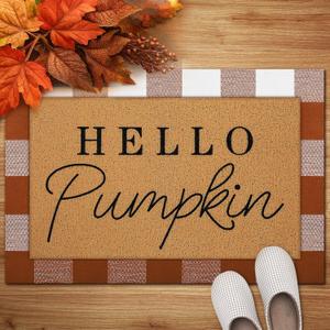 Tinideya 2 Pcs Fall Door Mat Hello Pumpkin Welcome Non Slip Coir Mats Thanksgiving Black White Plaid Harvest Floor Layering Doormats Seasonal for Front Porch Entryway Decor (Brown White Plaid)