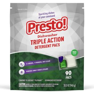 Amazon Brand - Presto! Triple Action Dishwasher Pacs, Fresh Scent, 90 Count (90 Count (Pack of 1))