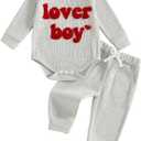 Douhoow Baby Valentines Day Outfit Infant Boy Girl My 1st Valentine's Embroidered Waffle Baby Sweatshirt Romper Pants Set (Gray)