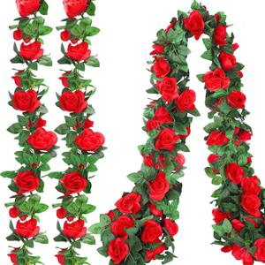 Aneco 4 Pack 32 FT Red Flower Garland Artificial Rose Vines Roses Fake Vine Flowers Plants Party Supplies for Holiday Wedding Garden Craft Art Decoration