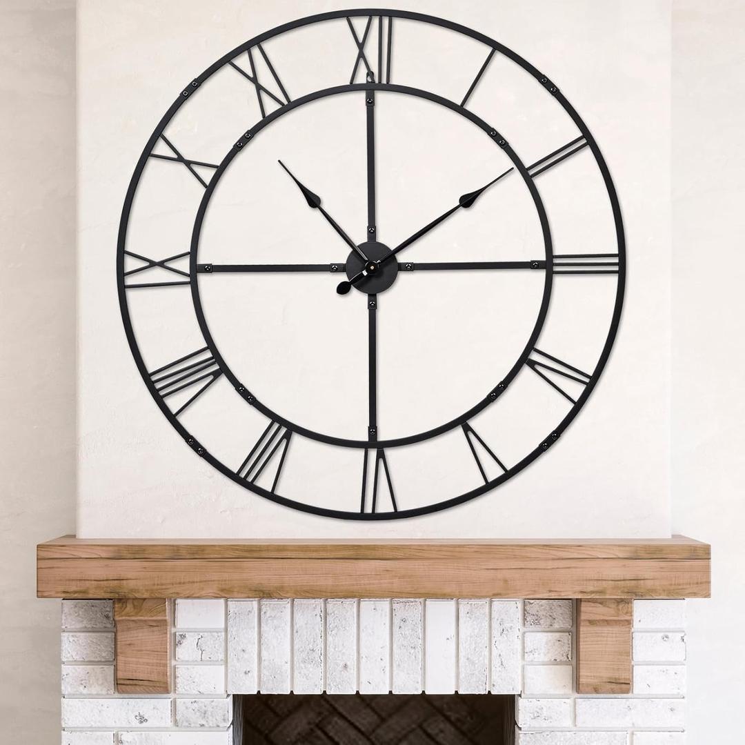 Large Wall Clock for Living Room Decor  32 Inch Knocked-Down (KD) Silent Non-Ticking Modern Farmhouse Wall Clock, Oversized Decorative Metal Roman Numeral Clock, Black
