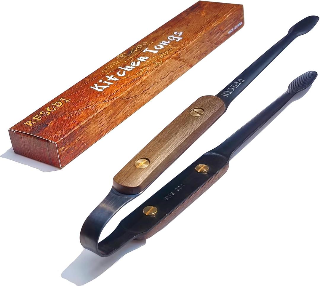 Exquisite Lightweight Cooking Tongs - 304 Stainless Steel & Walnut Wood, Comfortable Grip, Non-Slip Design, High Heat Resistant - Ideal for Light and small food, Kitchen Plating, Korean BBQ, 9-Inch