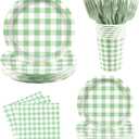 Green Gingham Disposable Party Tableware Set for 30 Guests 9 & 7 Inch Paper Plates, Cups, Napkins and Forks, Green Checkered Paper Dinnerware for Birthday, Picnic, Baby Shower, Outdoor Gatherings