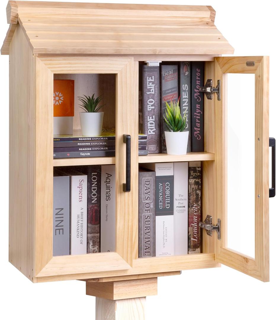 Little Library Box Outdoor Kit with Mount, 2-Tier Book Exchange Box (211126 in), Waterproof Pine Little Free Library Kit with 2 Acrylic Doors, Outdoor Book Storage for Yards, Schools, Parks, 21x26x11 inches