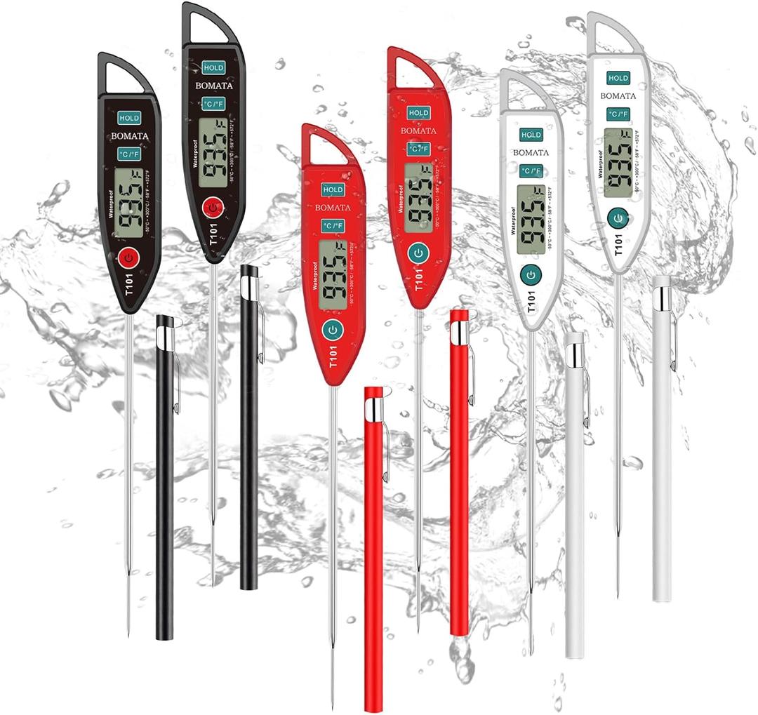 BOMATA 6 Pack Waterproof IPX7 Meat Thermometer Instant Read Food Thermometer with Long Probe for Water, Liquid, Kitchen Cooking, Grill,BBQ ! T101 X 6 Pcs (Black & Red & White)