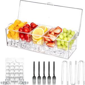 Laojbaba Chilled Condiment Server Clear Icy Condiment Bar Condiment Tray ice Party Serving bar with Lid Bar Garnish Holder on ice 5 Removable Compartments