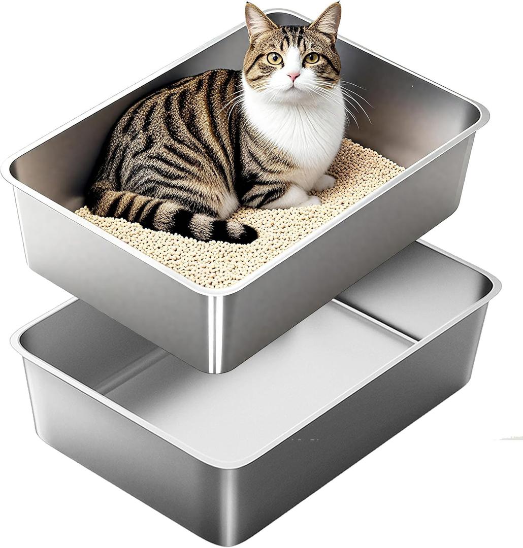 Stainless Steel Cat Litter Box, Medium Metal Litterbox, 2-Pack Stainless Steel Litter Tray Pan for Medium Cats, 19.7" Lx13.8 W x5.9 H, No Odour Absorption,Easy to Clean, Rustproof, Leakproof