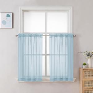 Chyhomenyc Sky Blue Sheer Curtains 30 inch Length 2 Panels, Light Filtering Voile Rod Pocket Short Window Curtians for Bathroom Living Room Farmhouse Small Windows, 42Wx30L inches