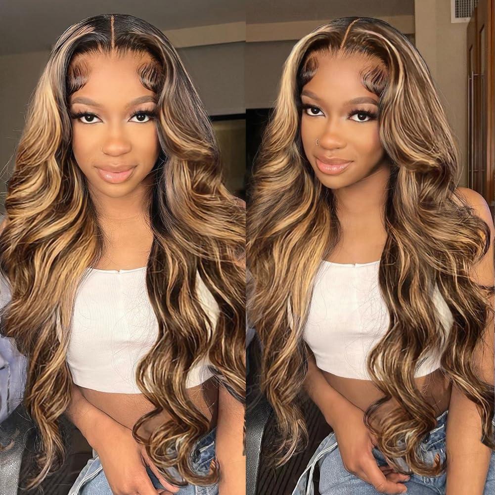 QUANDIAN 28 Inch 13x6 Body Wave Highlight Ombre Lace Front Wig Human Hair 13x6 HD Lace Front Wigs Human Hair 180% Density P4/27 Colored Wigs Honey Blonde Glueless Wigs Human Hair Pre Plucked Pre Cut