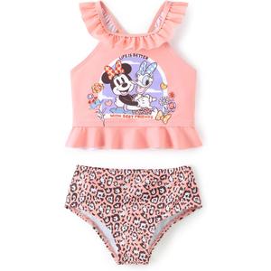 Disney Toddler Girls Two Piece Tankini Bow Tie Bikini Bottom Swimsuit Set (Pink)