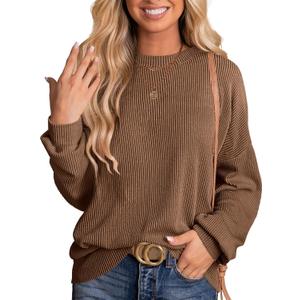 ANRABESS Womens Oversized Long Sleeve Shirts Ribbed Knit Tunic Tops Side Spilt Casual 2025 Fall Outfits (Medium, Brown)