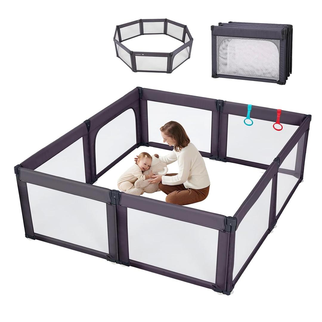 Foldable Baby Playpen, Shape & Size Adjustable Playpen for Toddler, 79x71 Large Play Pens Safety Mesh Foldable Playard for Babies, Portable Baby Fence Play Area Kids Play Pen, Dark Grey