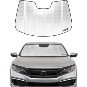 Windshield Sun Shade for Honda Civic 2019-2021, Touring 2016-2021, Type R 2020-2021 with Rearview Mirror Mounted Camera. Reflective Aluminum Film Front Window Sunshade - BLAZBLOCK (Classic Shiny Silver)