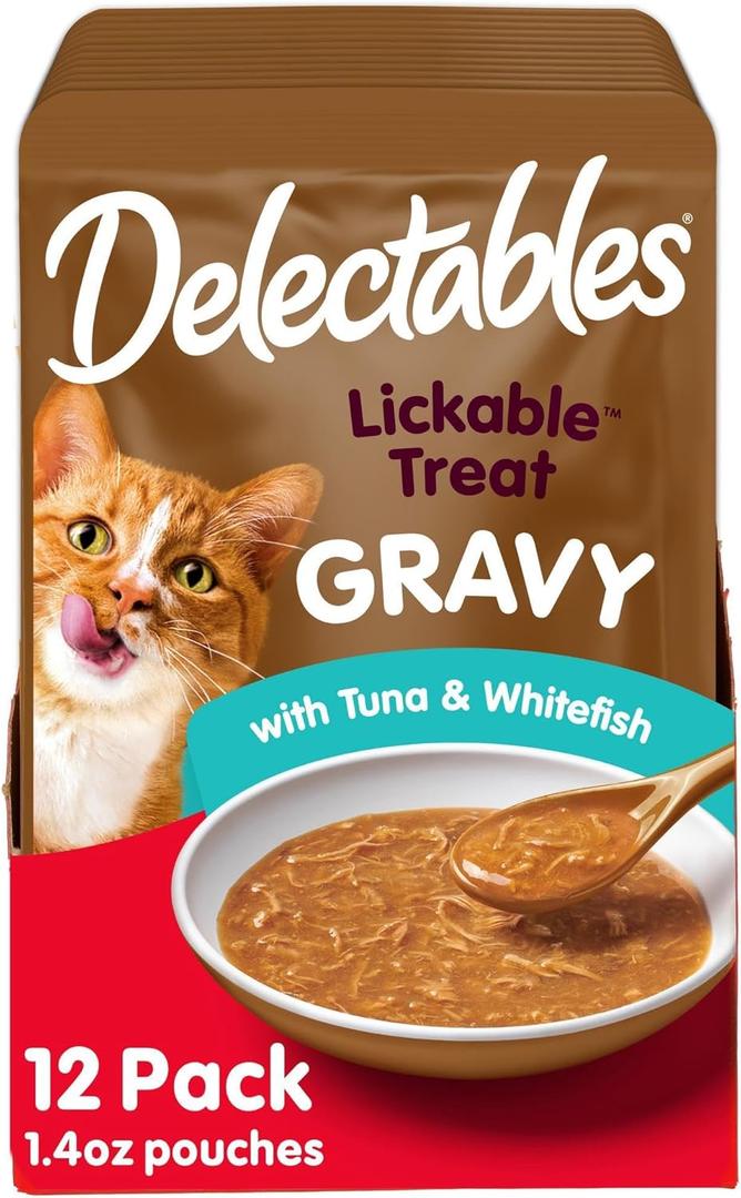 Delectables Lickable Treat Gravy Wet Cat Treat with Real Tuna & Whitefish, Food Topper, Hydrating, Grain-Free, No Fillers, By-Products, Added Preservatives, 1.4oz Pouch, 12ct (EXP 12/17/27)
