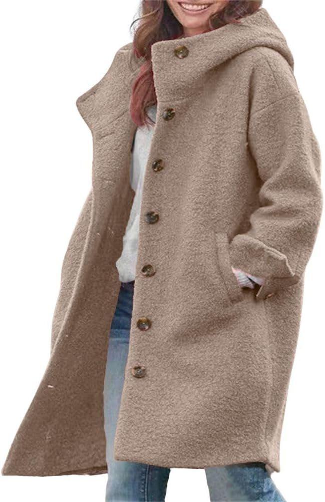 chouyatou Women's Winter Single Breasted Long Wool Coat with Hood Casual Wool Blend Trench Coat Jacket (Large, Khaki)