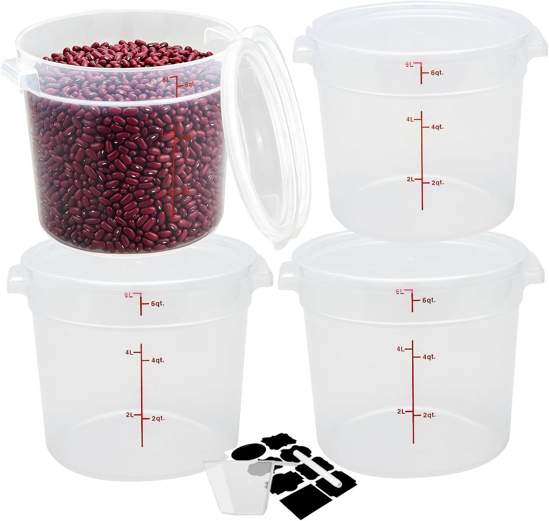 BIEAMA 4 Pack 6 Qt Round Food Storage Containers with Lids, Translucent PP, Small Pack of 4
