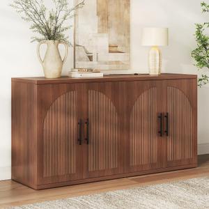 MapleGrace 63" Fluted Buffet Cabinet, Walnut Credenza with Adjustable Shelf 4 Doors Wood Console Table with Storage, Large Modern Symmetrical Arched Sideboard, Size: 63"L x 15.8"W x 31.5"H