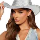 Women-Western-Glitter-Cowboy Hat - Sparkle-Cowgirl-Hat Roll-UP- Brim-Fedora-Hat for Disco Costumes Party (Medium, Plastic Silver)