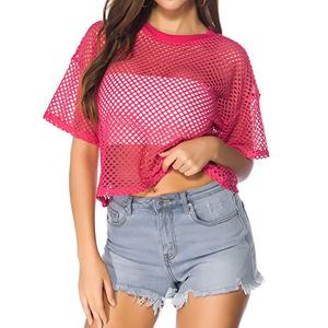 CLOZOZ Women's Mesh Crop Top See Through Fishnet Shirt Short Sleeve Crew Neck Sheer Cover Up Rose Red, M/L