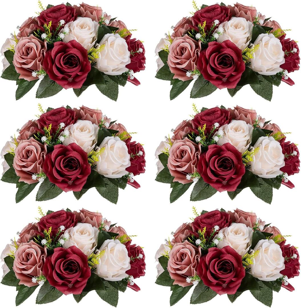 Nuptio Artificial Flower Centrepieces for Tables - 6 Pcs Burgundy & Dusty Rose & Creamy White Fake Flowers Roses Balls 9.5in Diam - Silk Faux Rose Arrangement for Wedding Party Centerpiece Table Decor