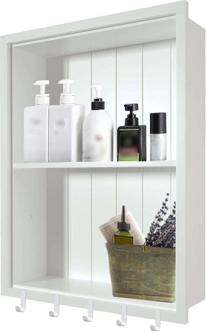 Nalwort 14" x 18" Recessed Medicine Cabinet, 2-Tier Wall Niche for Bathroom, Bedroom, Living Room, Kitchen, White, Solid Wood Wall Medicine Cabinet