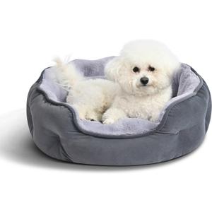 Amazon Basics Round Dog Bed for Small Dogs, Cat Beds for Indoor Cats, Washable Puppy Bed with Soft Plush Cushion, Anti-Slip Bottom, 20x19x6 Inches, Gray