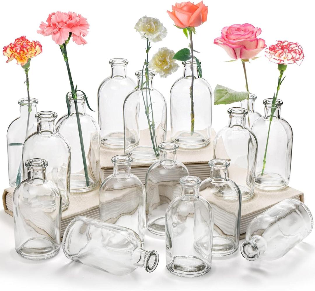 YOUEON 16 Pack Clear Glass Bud Vases, Small Bud Vases in Bulk, Glass Flower Vases for Centerpieces, Vintage Decorative Bottle Vases for Flowers, Home Decor, Wedding Reception, Office