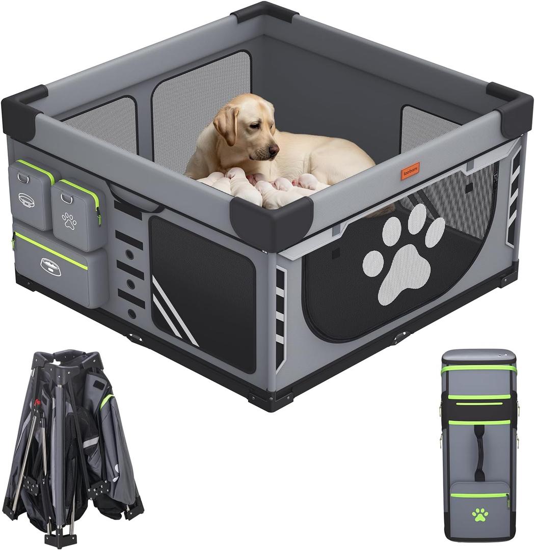 Loobani Foldable Dog Playpen Indoor/Outdoor,1 Min Setup Whelping Box, 690D Oxford Fabric & Reinforced Steel/Iron Frame, Portable Puppy Playpen with Rugged Carry Bag for Home &Travel-43.3"x43.3"x26.77"