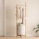 Solid Wood Coat Rack with Fabric Basket - Coat Hanger Stand Coat Tree Rack Freestanding with 9 Hooks Wheels, Small Clothes Rack For Entryway Bedroom Hallway Living Room (Natural)