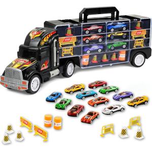 Toy Truck Transport Car Carrier Toy for Boys and Girls Age 3-10 yrs Old - Hauler Truck Includes 12 Toy Cars and Accessories - Car Truck Fits 28 Car Slots - Ideal Gift for Kids