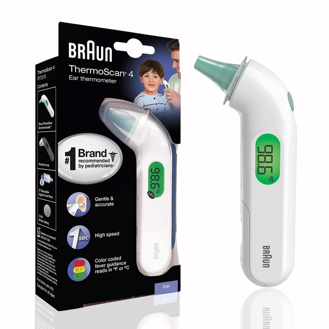 Braun ThermoScan 4 Digital Ear Thermometer for Kids and Adults, Professional Accuracy, Color Coded and Audio Fever Guidance for Babies, Toddlers