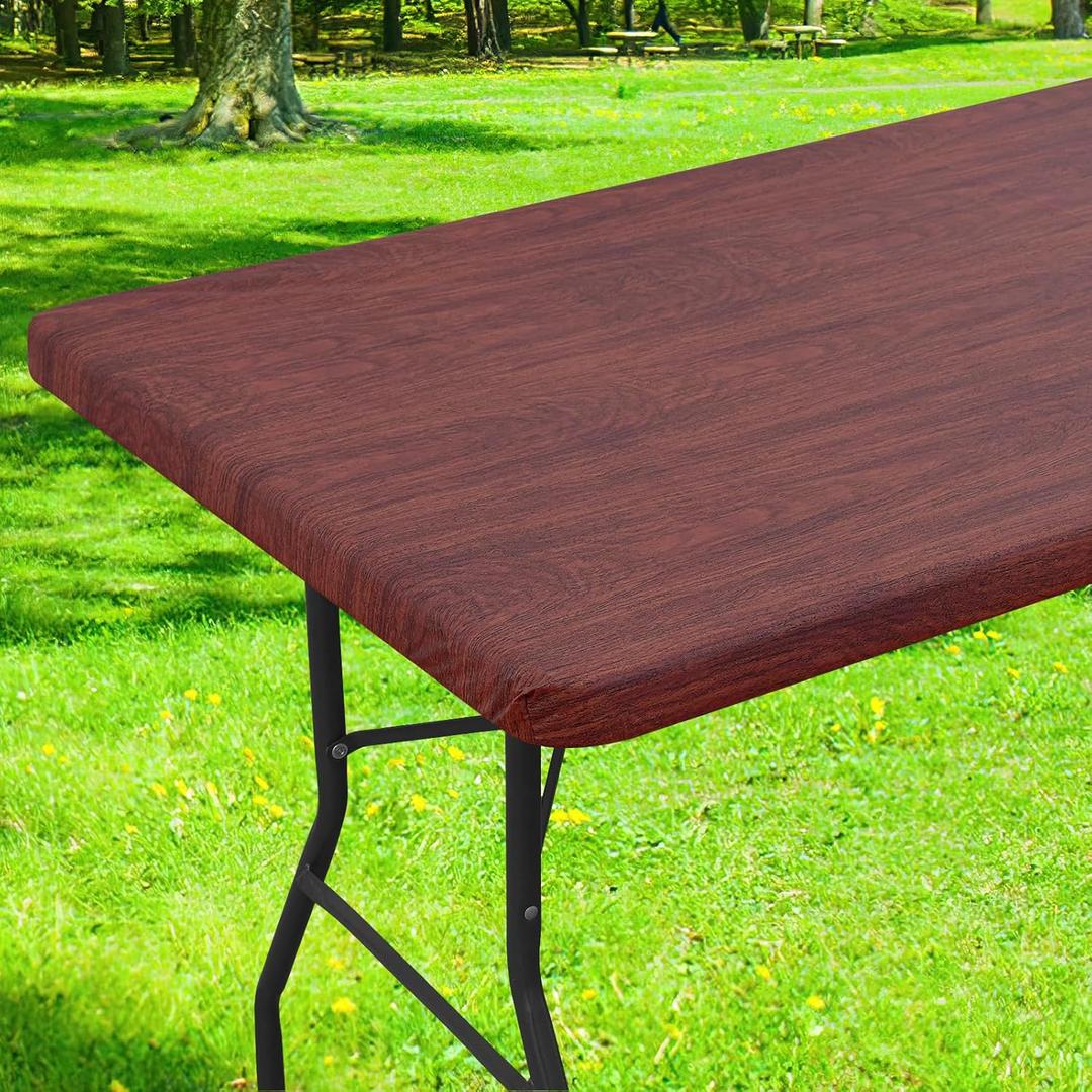 Smiry Rectangle Table Cloth Cover, Waterproof Elastic Fitted Picnic Tablecloth for 4 Foot Tables, Wipeable Flannel Backed Vinyl Tablecloths for Camping, Dining, Outdoor (Reddish Brown, 24" x 48")