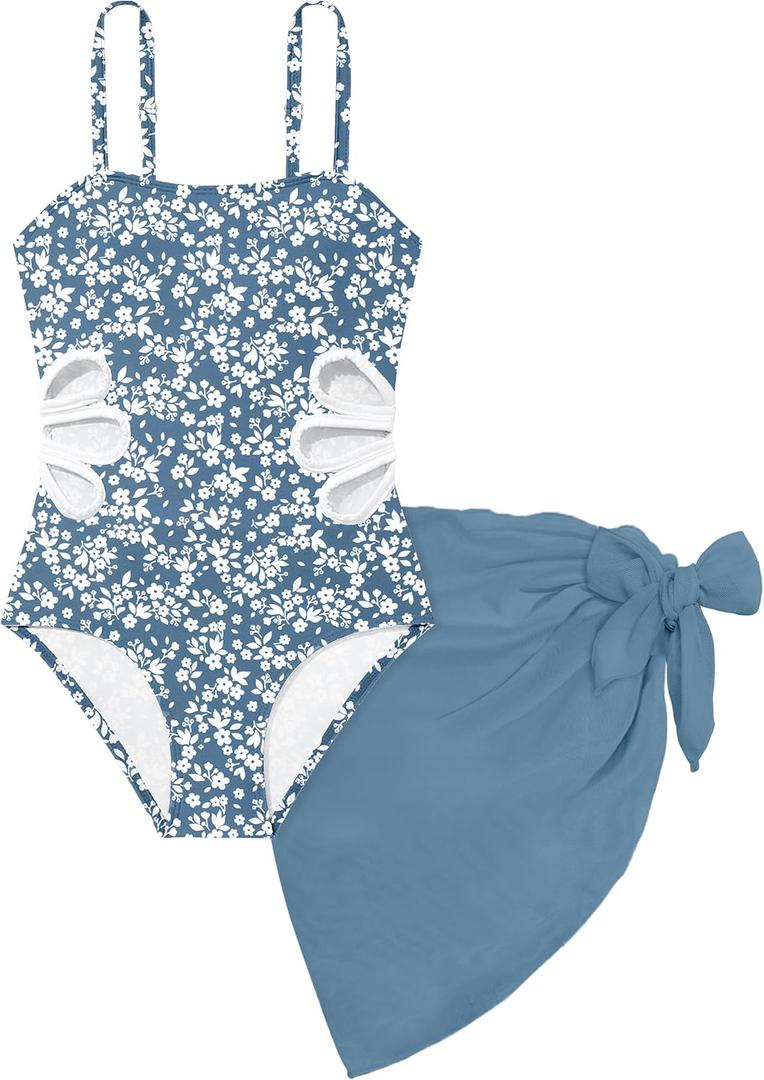Girls Swimsuit, Adjustable Straps Cut Out One Piece Bathing Suit with Solid Color Cover Up Skirt Girls' Swimwear (13-14 Years, Blue Printed)