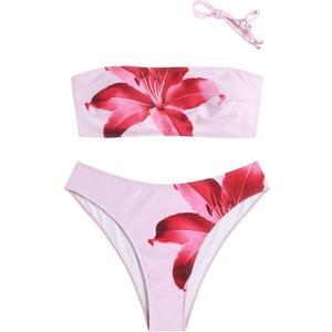 ZAFUL Women's High Cut Bandeau Bikini Set Strapless Solid Color 2 Pieces Bathing Suit Swimsuit (Pink), Small