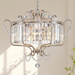 Modern Crystal Chandelier for Dining Room 24" Brushed Nickel Light Fixtures 6-Light Farmhouse Pendant Lighting for Kitchen Island Bedroom Hallway Entryway