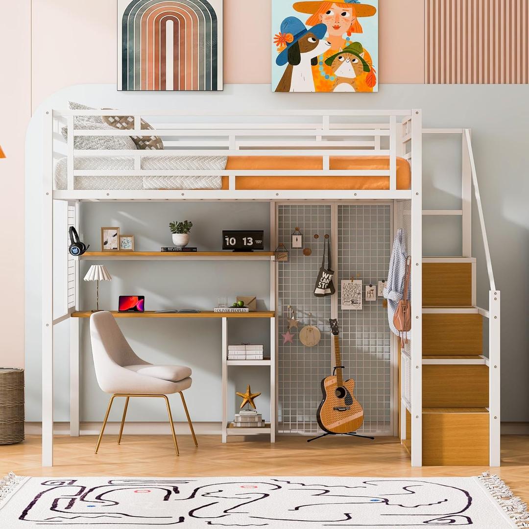 Full Size Metal Loft Bed with Wardrobe and Desk, Heavy Duty Loftbed w/Storage Stairs + Shelves,Space-Saving, Noise Free, No Box Spring Needed, White